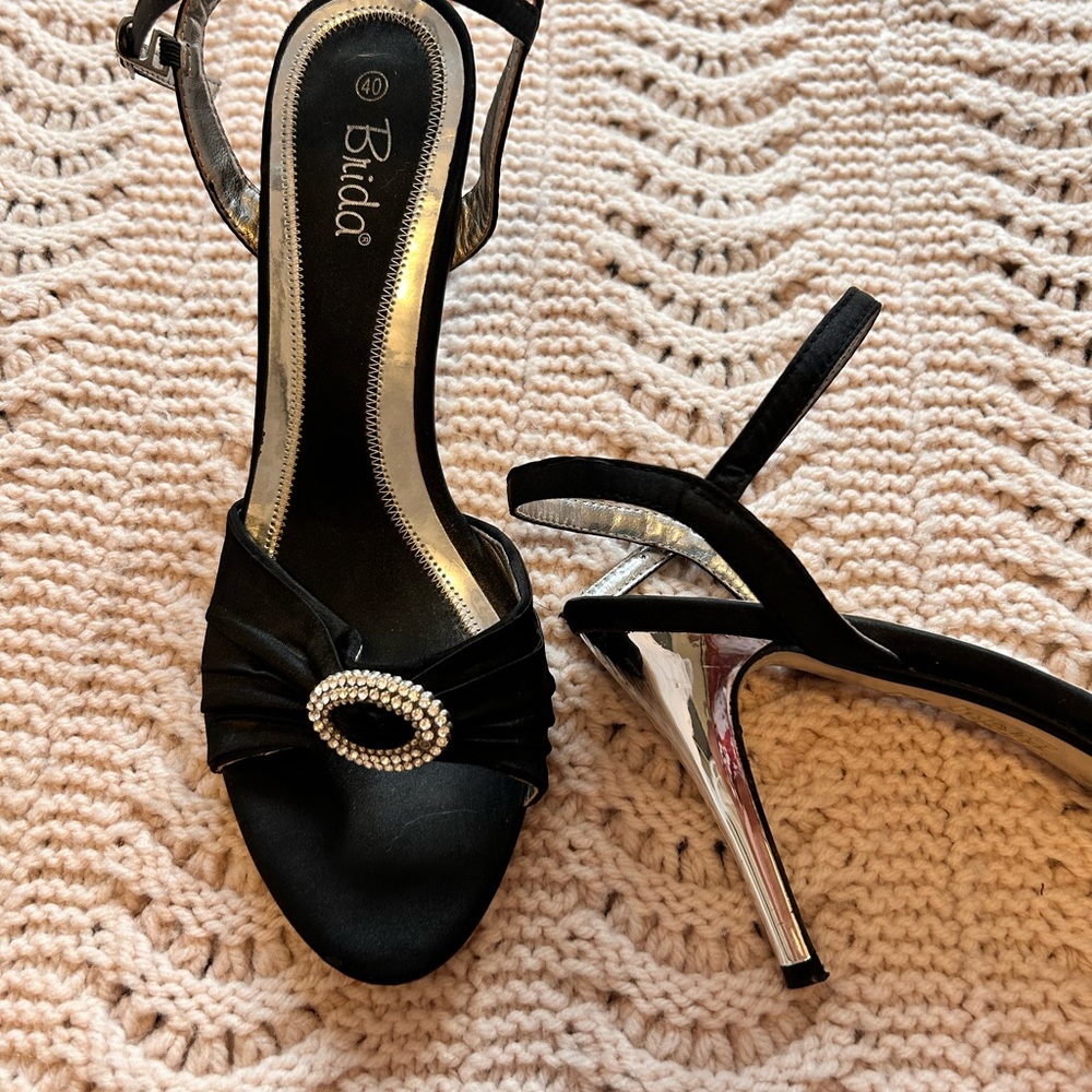 Black and Silver Brida Heels with Rhinestone Detail